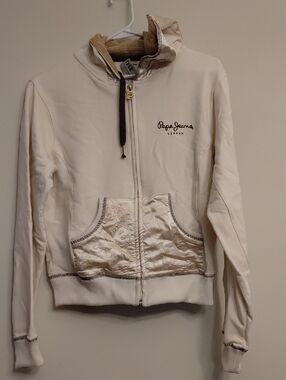 Pepe Jeans Cream Hooded Bomber Jacket with Embroidered Logo